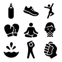 Energy Release Icons. Solid, filled icon set of nervous energy release: punching bag, running shoes, dance pose, boxing gloves,