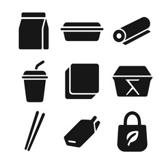 Food Packaging Icons. Solid, filled icon set of food packaging: paper bag, plastic container, foil wrap, disposable cup, straw,