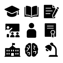 Education Empowerment Icons. Solid, filled icon set of empowerment through education: graduation cap, open book, pen and paper,