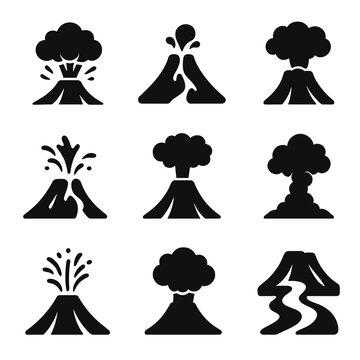Volcanic Eruption Icons. Solid, filled icon set of volcanic eruption types: explosive eruption, effusive eruption, phreatic