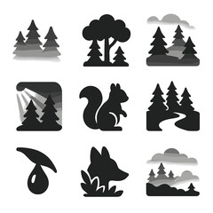 Forest Icons Grid. Solid, filled icon set of forest haze views: tree line blur, soft canopy, morning mist, light shaft, ground fog