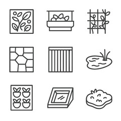 Biophilic Facade Icons. Outline icon set of biophilic facade elements: living wall panel, green balcony planter, climbing vine