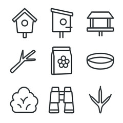 Bird Habitat Icons. Outline icon set of bird feeding and habitat: birdhouse, nesting box, feeder platform, branch perch, seed