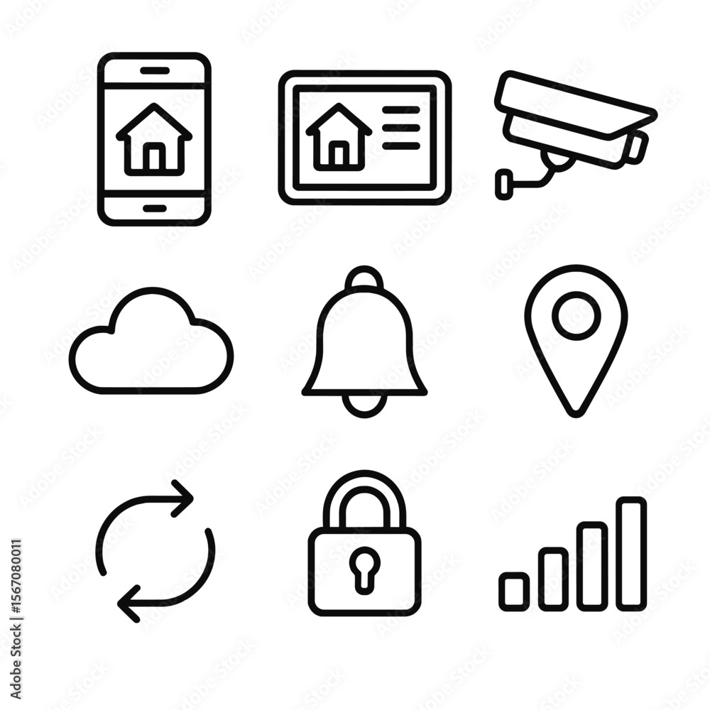 Aufkleber remote monitoring icons. outline icon set of remote monitoring and control: smartphone display, tabl