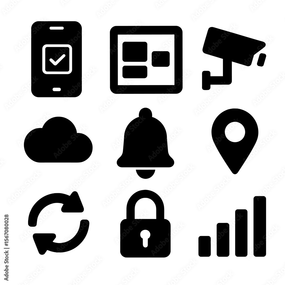 Poster remote monitoring icons. solid, filled icon set of remote monitoring and control: smartphone display