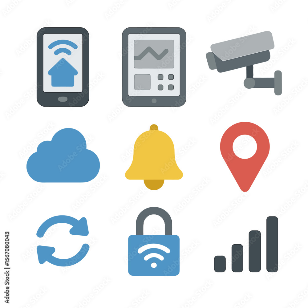 Poster remote monitoring icons. flat icon set of remote monitoring and control: smartphone display, tablet 