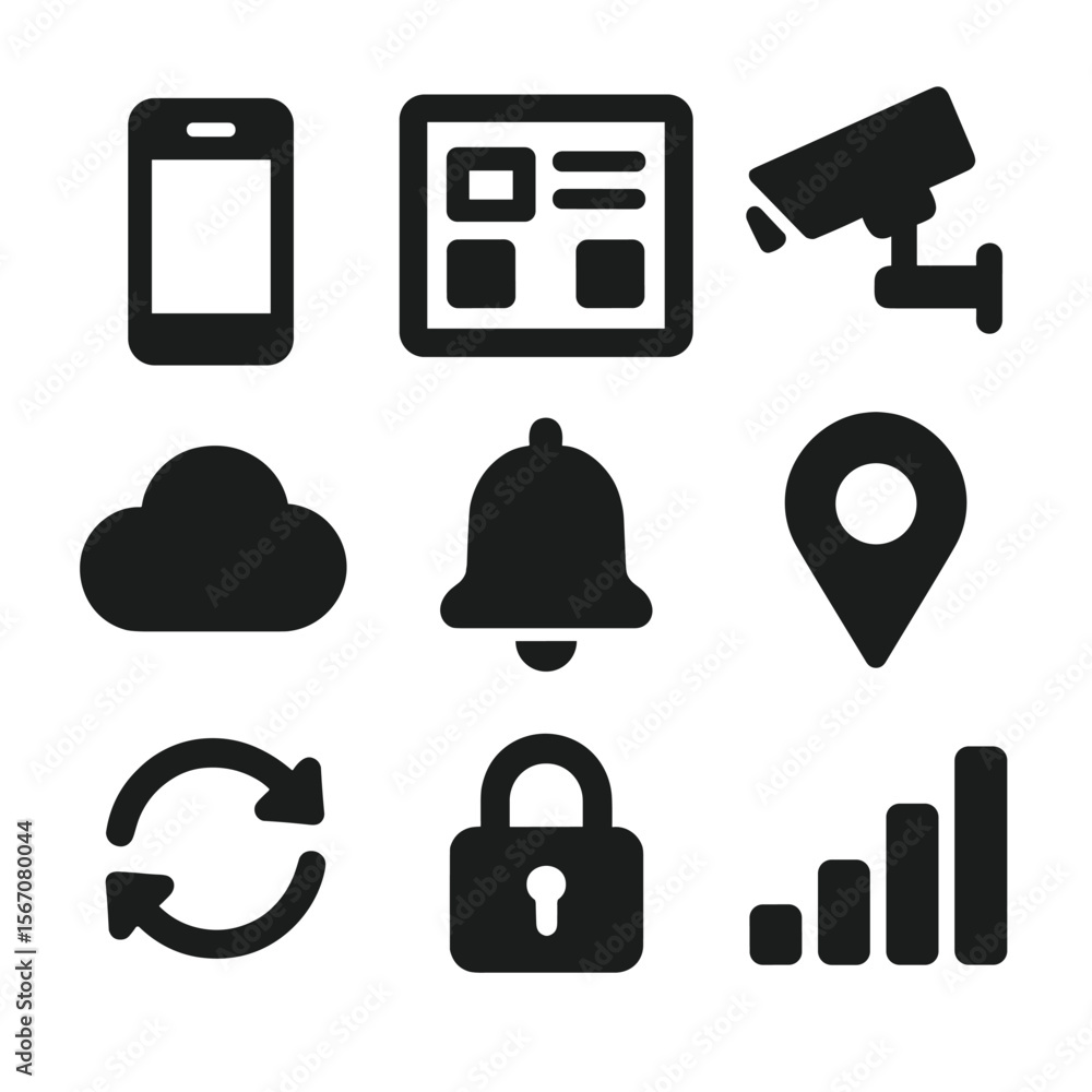 Poster remote monitoring icons. solid, filled icon set of remote monitoring and control: smartphone display