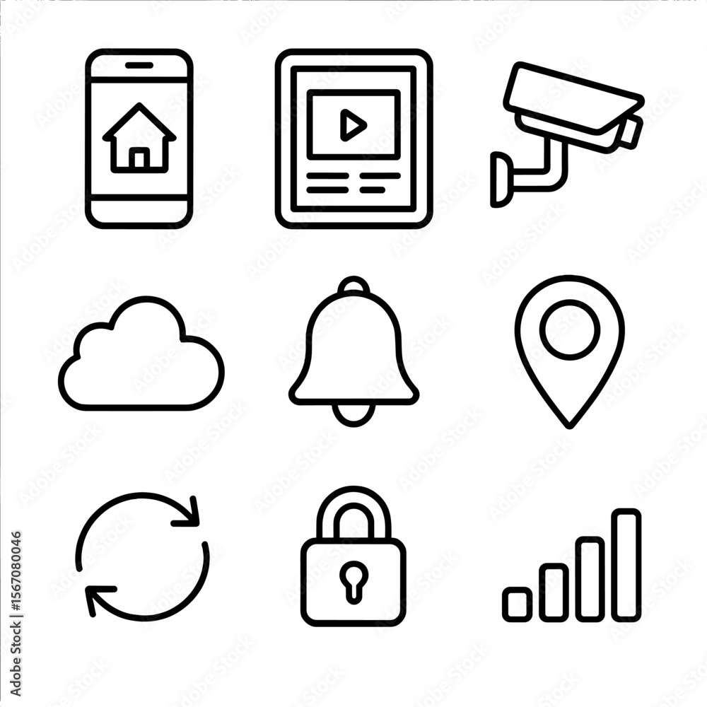 Poster remote monitoring icons. outline icon set of remote monitoring and control: smartphone display, tabl
