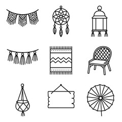 Boho Party Icon Set. Outline icon set of boho summer party decorations: macramé garland, dreamcatcher, lantern with tassels,