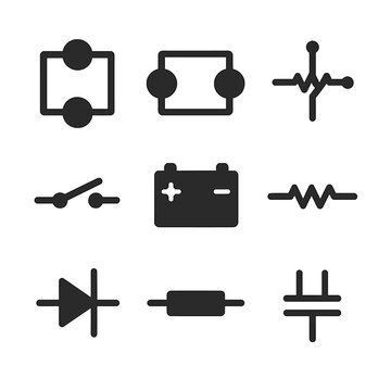 Electrical Circuit Icons. Solid, filled icon set of electrical circuits: series circuit, parallel circuit, circuit diagram, switch