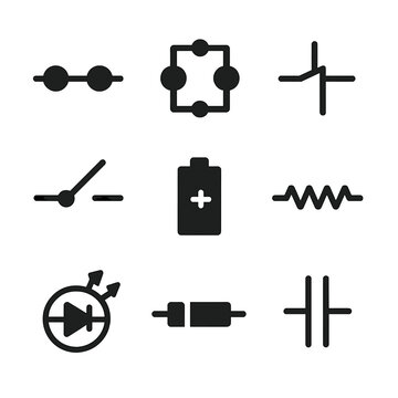 Electrical Circuit Icons. Solid, filled icon set of electrical circuits: series circuit, parallel circuit, circuit diagram, switch