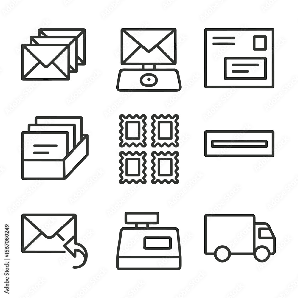 Aufkleber bulk mailing icons grid. outline icon set of bulk mailing operations: envelope stack, postage scale,