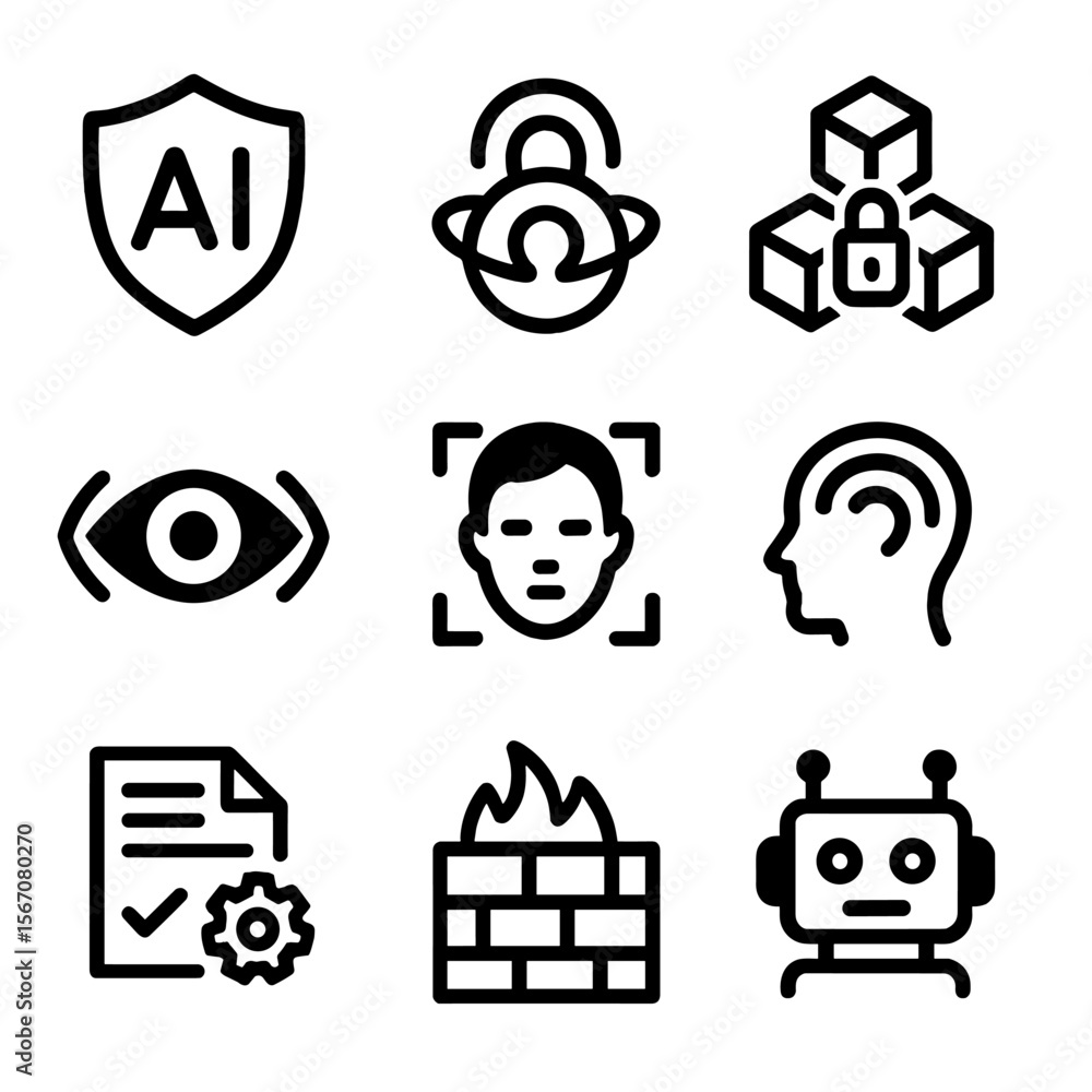 Poster future tech icon set. solid, filled icon set of future tech in cybersecurity: ai shield, quantum enc