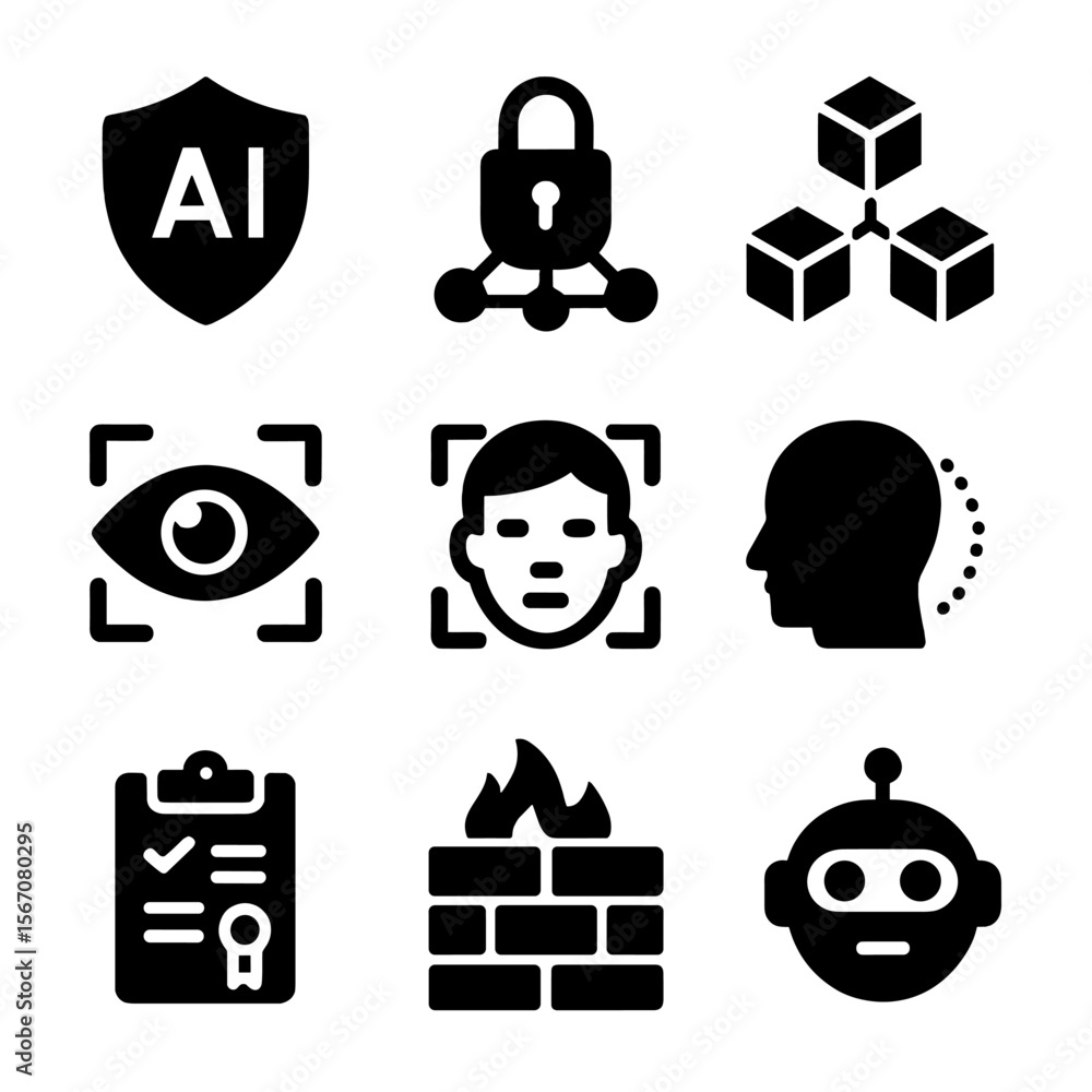Poster future tech icon set. solid, filled icon set of future tech in cybersecurity: ai shield, quantum enc