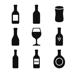 Wine Bottle Icons. Solid, filled icon set of wine bottle details: label, foil capsule, cork, neck, punt, glass texture, embossed