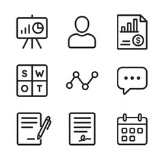 Business Presentation Icons. Outline icon set of pitch presentations and follow-up processes: presentation deck on easel, investor