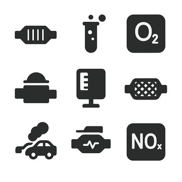 Emissions Diagnostic Icons. Solid, filled icon set of emissions diagnostics: catalytic converter icon, exhaust gas symbol,