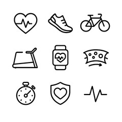 Cardiovascular Icons Set. Outline icon set of cardiovascular health benefits: heart with pulse, running shoe, bicycle, treadmill,