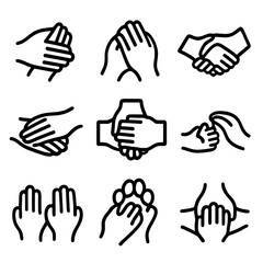 Family Relationship Icons. Solid, filled icon set of family and relationships: parent and child hands, couple hands, friendship
