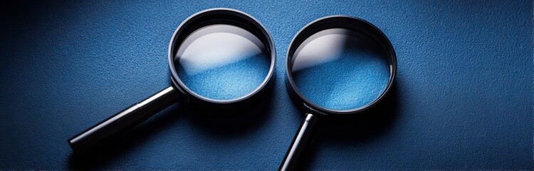 Magnifying glasses positioned on a blue background serve as a symbol for the disciplines of forensics, investigation, law, crime, justice, and detective work, highlighting the importance of searching