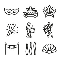 Carnival Icon Set. Outline icon set of carnival parade elements: masquerade mask, parade float silhouette, feather headdress,