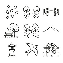 Cherry Blossom Icons. Outline icon set of cherry blossom landscape elements: falling petals, river with blossom-lined banks,