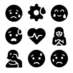 Fototapeta premium Emotional Sweating Icons. Solid, filled icon set of emotional sweating: nervous face, anxiety symbol, blush, cold sweat, stress