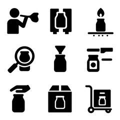 Glass Jar Production Stages. Solid, filled icon set of glass jar production stages: glass blowing, molding, annealing, inspection,