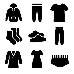 Fashion Comfort Icons. Solid, filled icon set of fashion for comfort: hoodie, sweatpants, oversized t-shirt, fuzzy socks, slippers