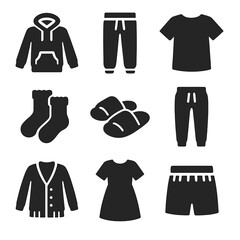 Fashion Comfort Icons. Solid, filled icon set of fashion for comfort: hoodie, sweatpants, oversized t-shirt, fuzzy socks, slippers