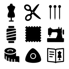 Obraz premium Fashion Design Tools Icons. Solid, filled icon set of fashion design process tools: mannequin, scissors, pins, thread spool,