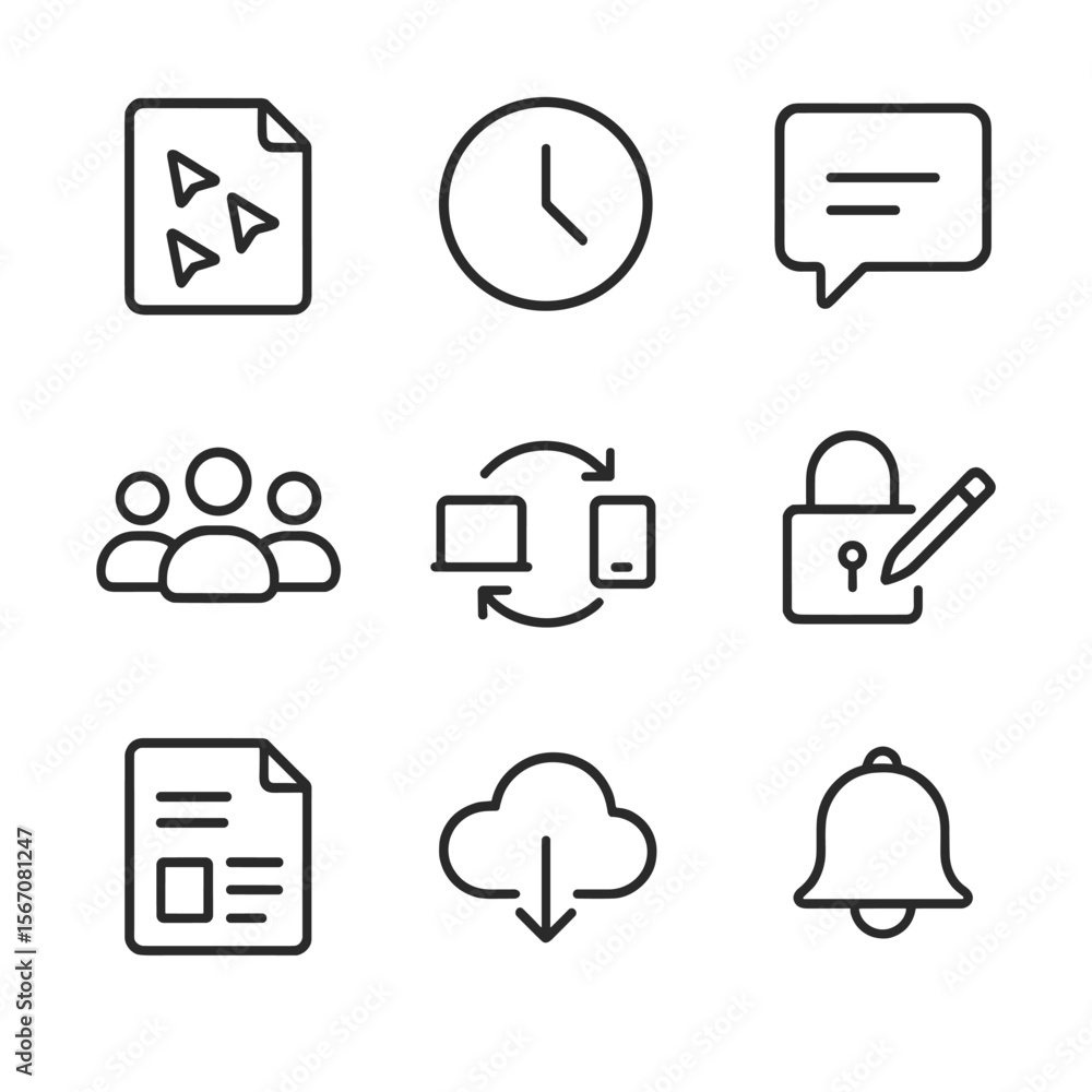 Poster collaborative editing icons. outline icon set of real-time collaborative editing: shared document wi