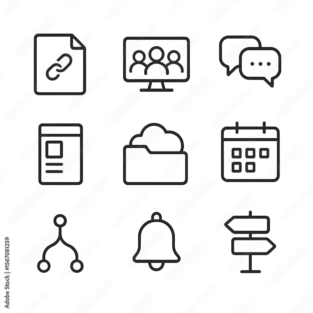 Poster collaboration tools icon set. outline icon set of collaboration tools and methods: shared document, 