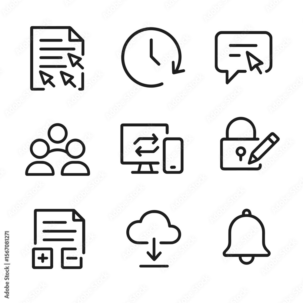 Poster collaborative editing icons. outline icon set of real-time collaborative editing: shared document wi