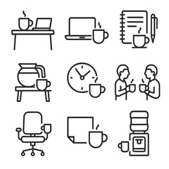 Coffee Break Icons. Outline icon set of coffee break at work: desk with coffee mug, laptop and cup, notepad with pen and coffee,