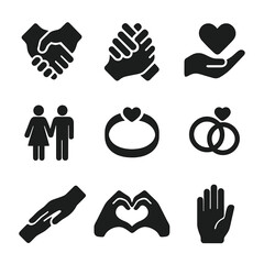 Hand-Holding Icons. Solid, filled icon set of hand-holding moments: clasped hands, interlocked fingers, hand and heart, couple