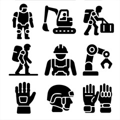 Exoskeleton Applications Icons. Solid, filled icon set of Industrial and military exoskeleton applications: soldier wearing