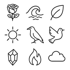 Fototapeta premium Color Symbolism Icons. Outline icon set of color symbolism in art: red rose, blue wave, green leaf, yellow sun, black raven, white