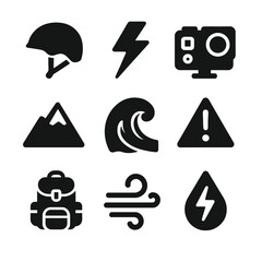 Extreme Adventure Icons. Solid, filled icon set of extreme adventure icons: helmet, lightning bolt, action camera, mountain peak,