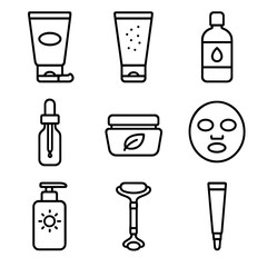 Skincare Icon Set. Outline icon set of skincare glow-up: cleanser tube, exfoliating scrub, toner bottle, serum dropper,