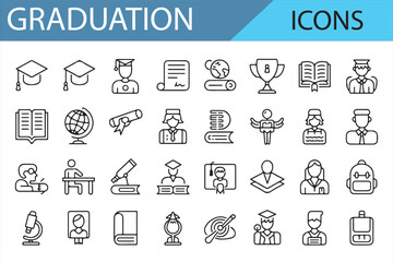 Set of Graduation Icons for Students, Diplomas, Caps, Books, and Academic Achievements

