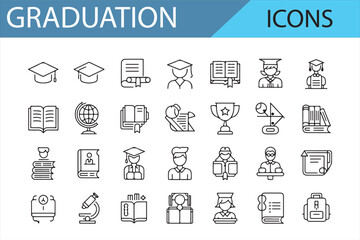 Set of Graduation Icons, Caps, Diplomas, Books, Globe, Trophy, Students, and Academic Elements, Vector Line Art Illustrations for Education and Graduation