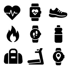 Fitness Icons Grid. Solid, filled icon set of fitness tracking: heart rate monitor, smartwatch, running shoe, calorie count, step
