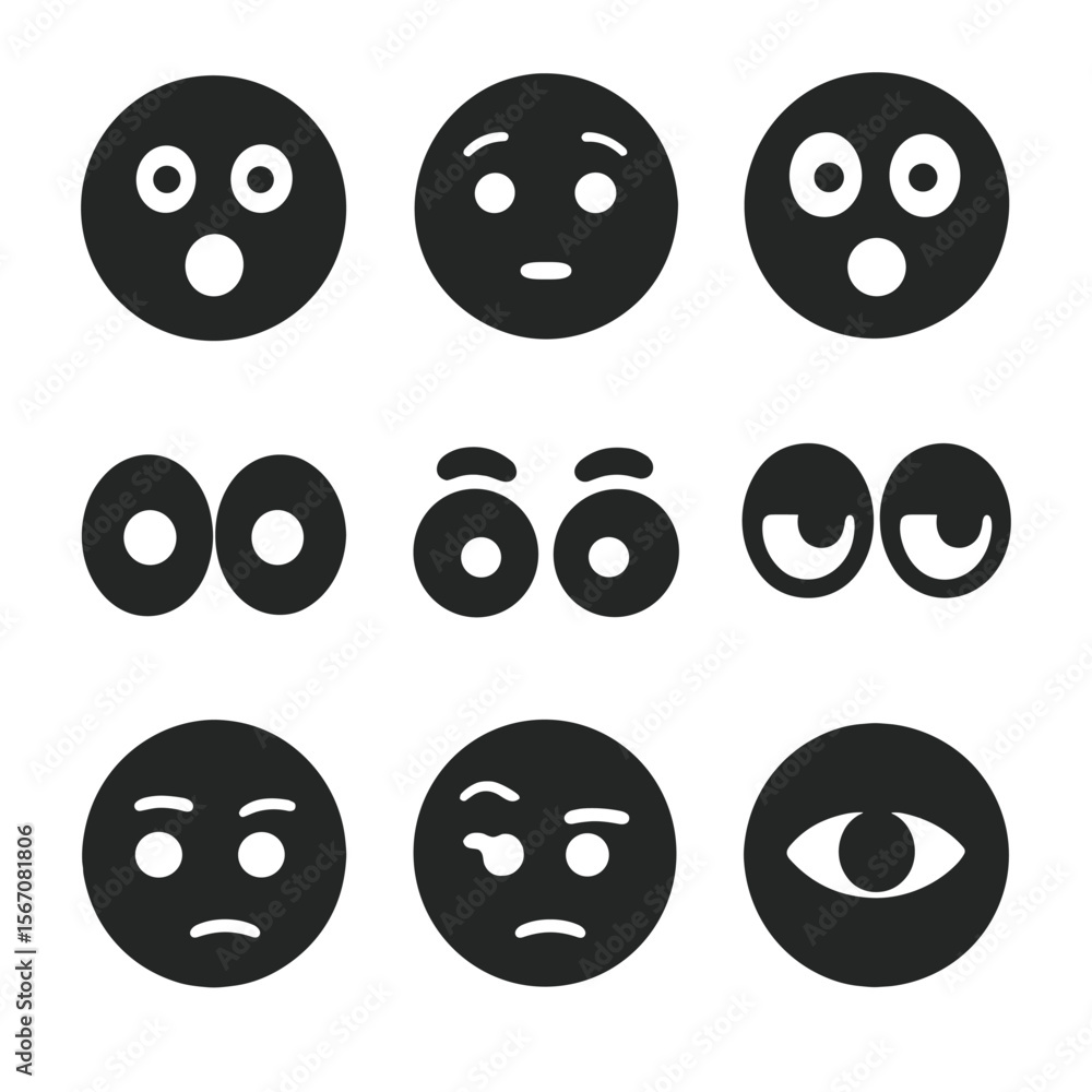 Poster facial expressions grid. solid, filled icon set of facial expressions with staring: surprised face, 