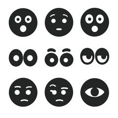 Facial Expressions Grid. Solid, filled icon set of facial expressions with staring: surprised face, curious face, shocked face,