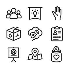 Community Skill Icons. Outline icon set of community skill-sharing events: group silhouette, workshop banner, volunteer hand,