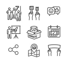 Community Mural Icons. Outline icon set of community mural engagement: group of figures painting, volunteer hands with brushes,
