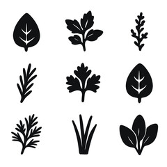 Herb Garden Icons. Solid, filled icon set of herb garden basics: basil leaf, mint sprig, thyme branch, rosemary stem, parsley