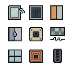 Smart Building Icons. Pixel art icon set of connected building materials: smart glass pane, solar window, thermochromic facade,