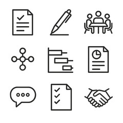 Consulting Process Icons. Outline icon set of consulting engagement lifecycle: proposal document, contract signing pen, kickoff